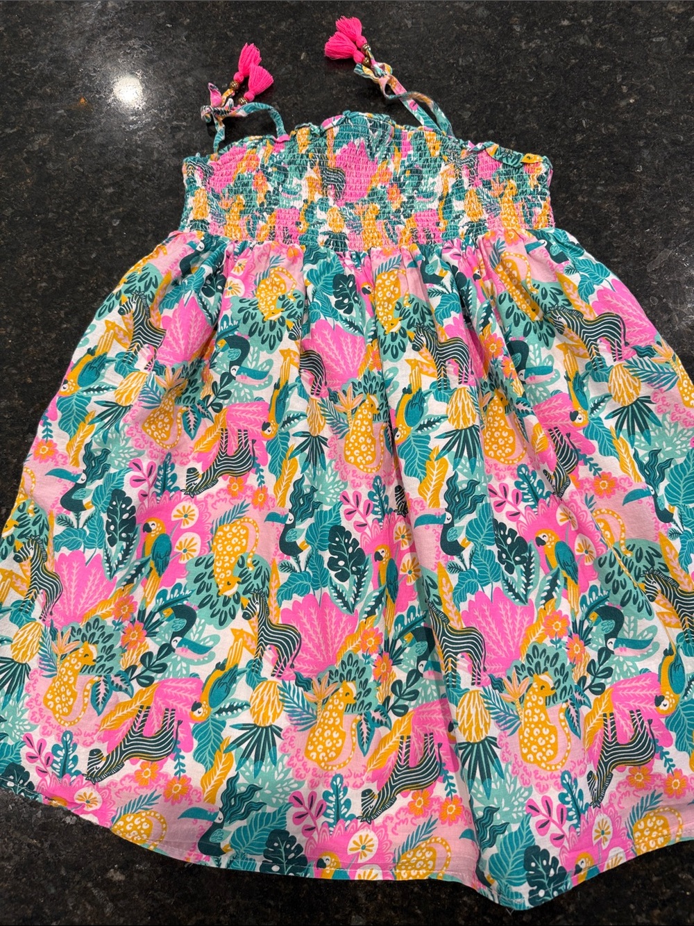 Tommy Bahama Girls Smocked Pink, Teal & Yellow Tropical Dress Fully Lined